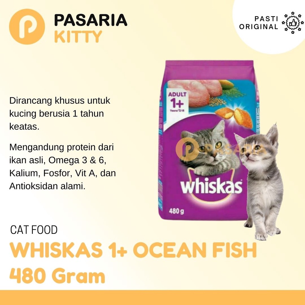 Jual WHISKAS Kering 480gr 1+ Years Adult Ocean Fish Pakan/Makanan