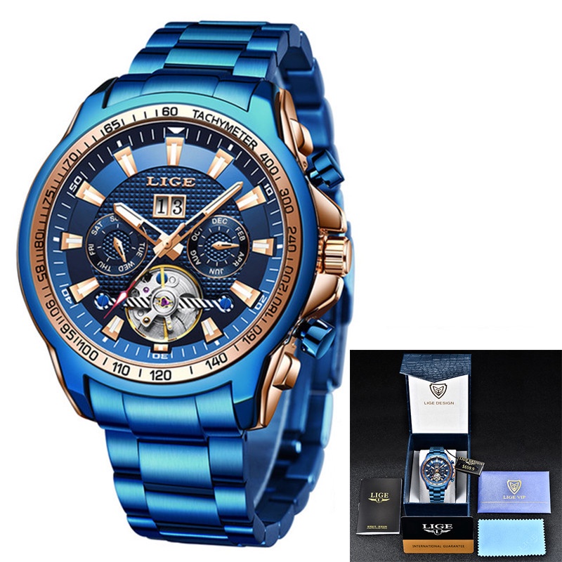 2021 LIGE Men Automatic Mechanical Watches Luxury Sport Watch Men Sapphire  Stainless Steel 100M Wate