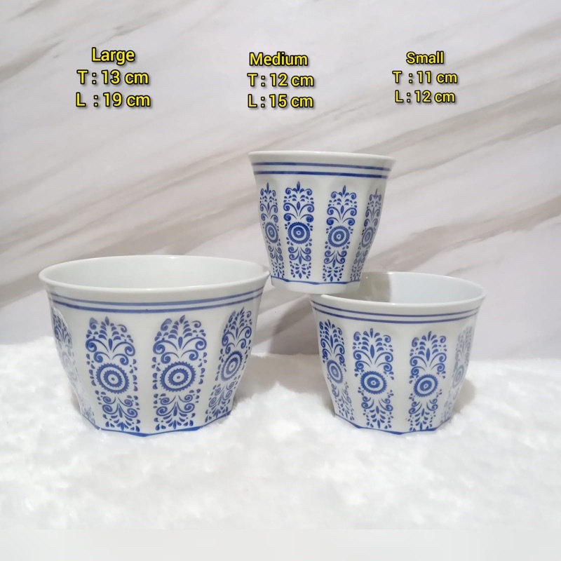 Jual Pot Keramik Biru Putih 1 set 3 Pcs motif Batik | Shopee Indonesia
