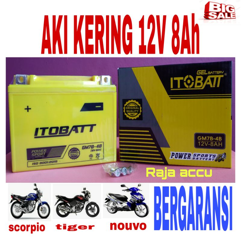 Jual AKI MOTOR SCORPIO, TIGER, NOUVO, ITOBATT GM7B-4B 12V 8AH/ MOTOBATT