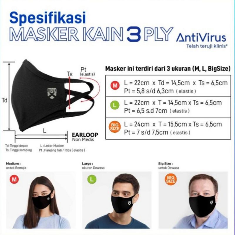 Jual RIDER Masker Kain 3 Lapis Anti Virus Ukuran Big Size Jumbo 1 Buah ...