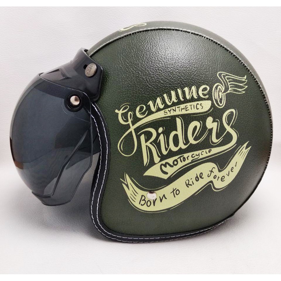 Jual HELM BOGO RETRO KULIT Motif Genuine Riders Hijau Army SNI ...
