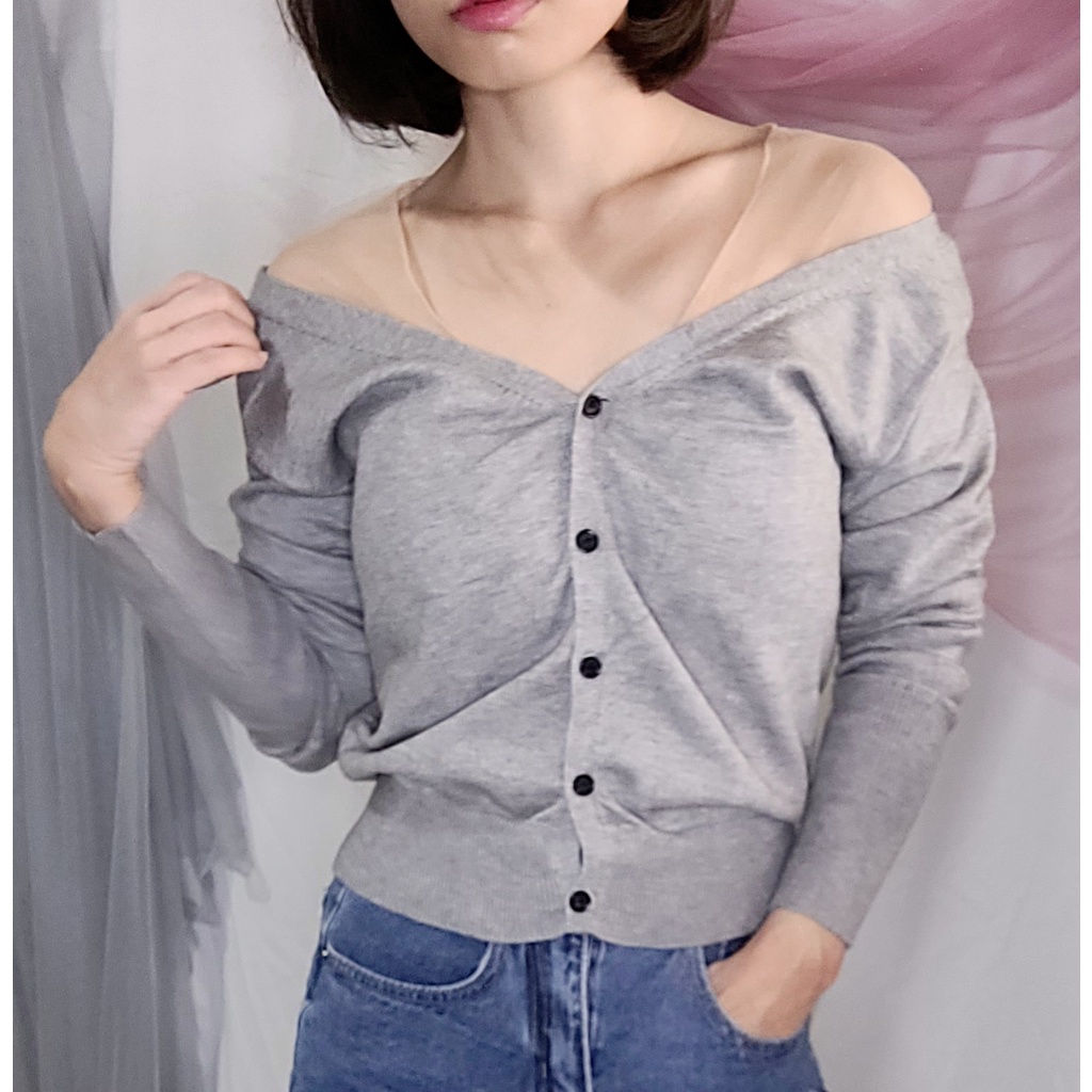 Jual Sabrina Offshoulder Cardigan Crop Korean Sweet Sexy Look Abu-Abu