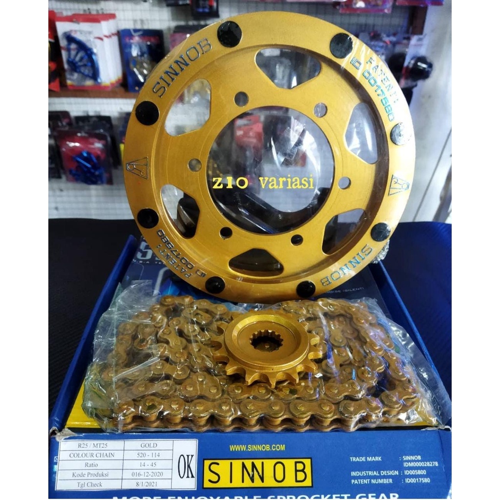 Jual Sinnob Sprocket Gear Paket Depan Belakang Rantai R25 MT25 Gold Red