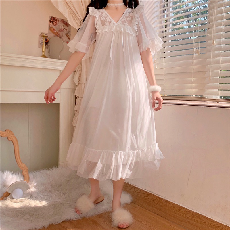 Jual Vania - dress gaun tidur lengan pendek putih renda lace nightgown