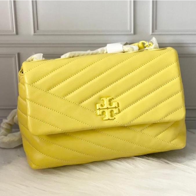 New 2024 Tory Burch Kira Chevron Powder Coated Crossbody Bag in Yellow/ Calendula