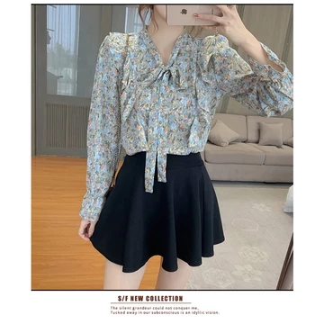 Fashion Korea Style Lengan Panjang Blus Wanita Musim Panas Casual Blouse Motif Bunga Bahan