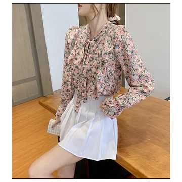 Fashion Korea Style Lengan Panjang Blus Wanita Musim Panas Casual Blouse Motif Bunga Bahan