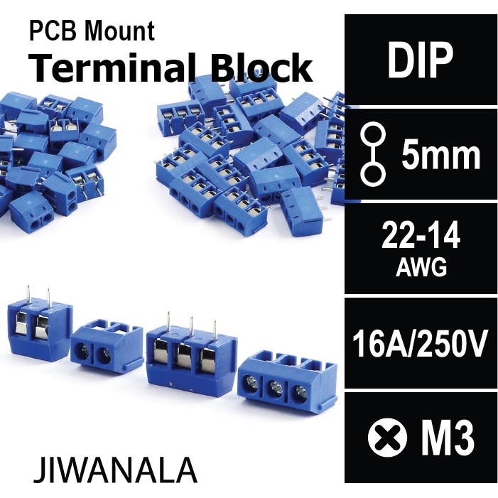 Jual Terminal Block DIP 5mm Pitch 2Pin 3Pin M3 22-14 AWG PCB Mount ...
