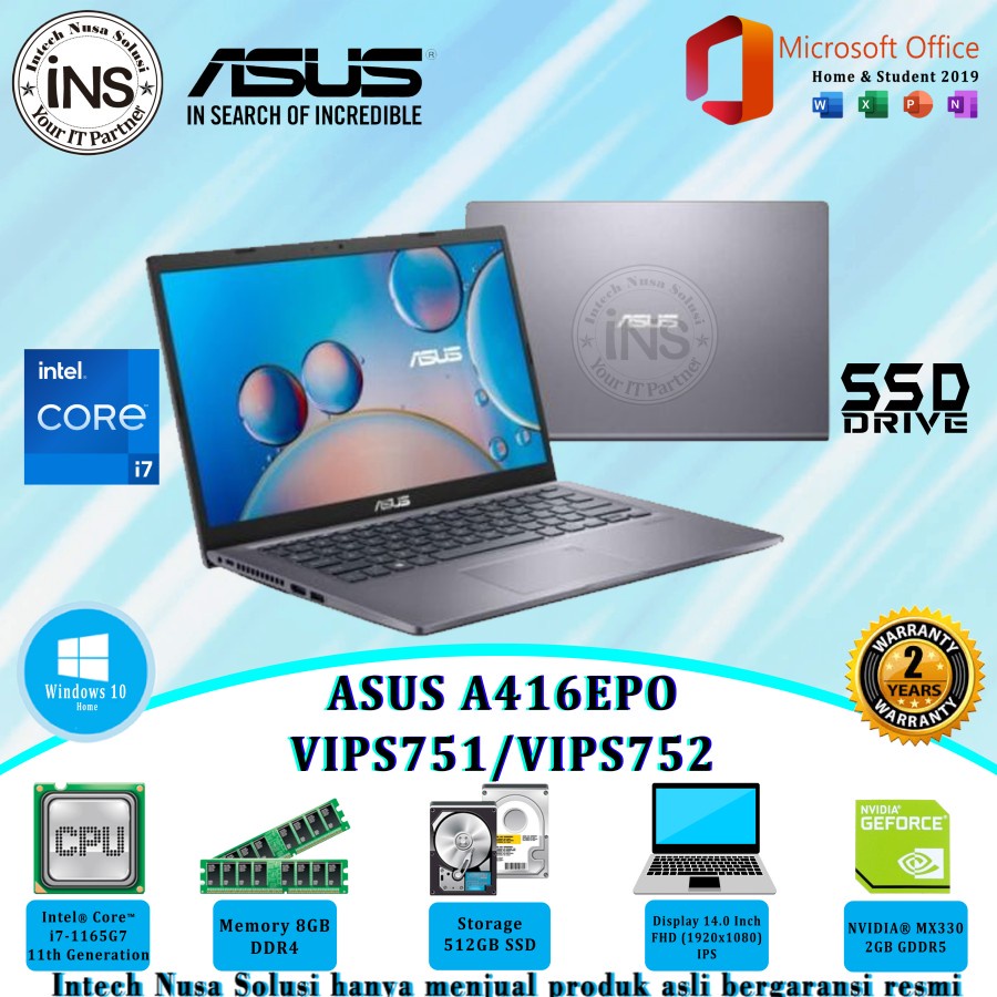 Jual ASUS A416EPO-VIPS751/VIPS752 i7-1165G7 8GB 512GB SSD VGA 2GB ...