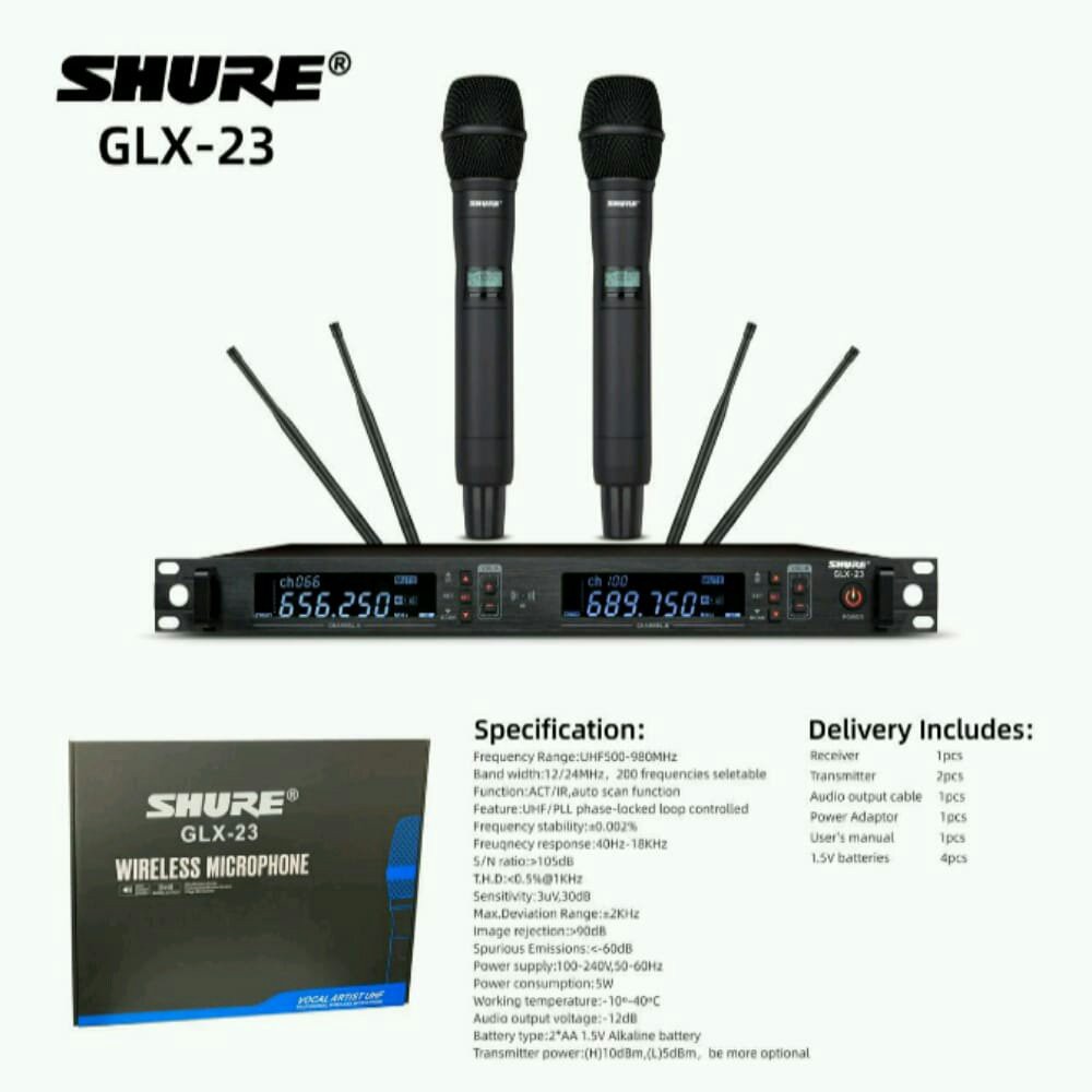 Mic Wireless Shure GLX23 UHF 4 Antena GLX 23 2 Mic Pegang Multi Channel Kualitas Bagus