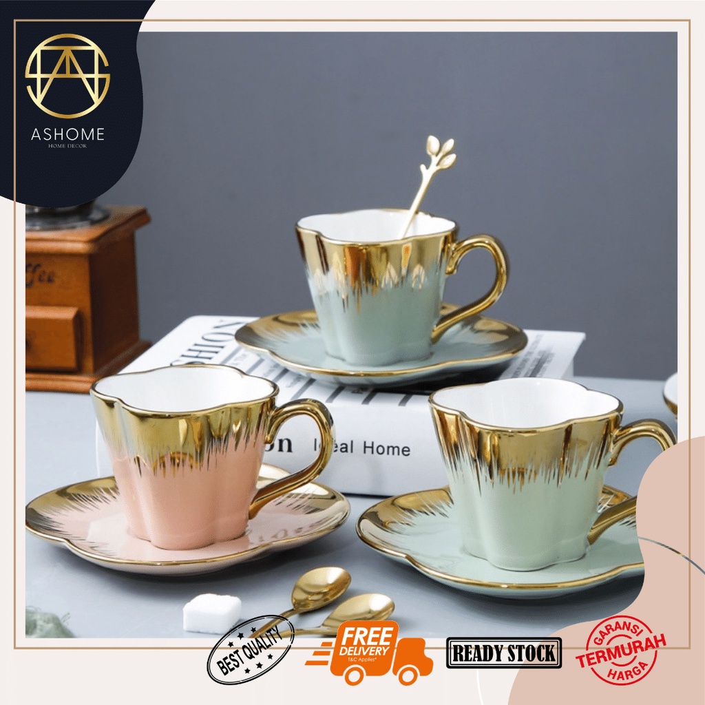 Jual Ashome Cangkir Keramik Motif Bunga List Gold Elegan Dengan Sendok Dan Piring Ceramic Tea 9305
