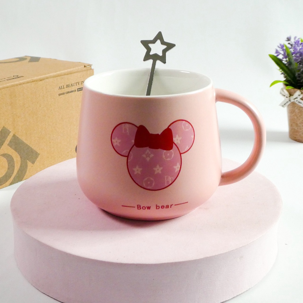 Jual Gelas Keramik Mug Kaca Besar Dengan Tutup Dan Sendok Bintang Putih Karakter Minnie Timbul 5942