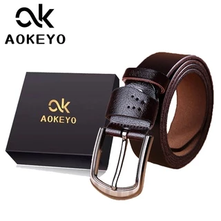 AOKEYO Ikat Pinggang Pria Kulit Sabuk Pria Kulit Sapi Asli Gesper Pria (Free Kotak+ Kartu Garansi)