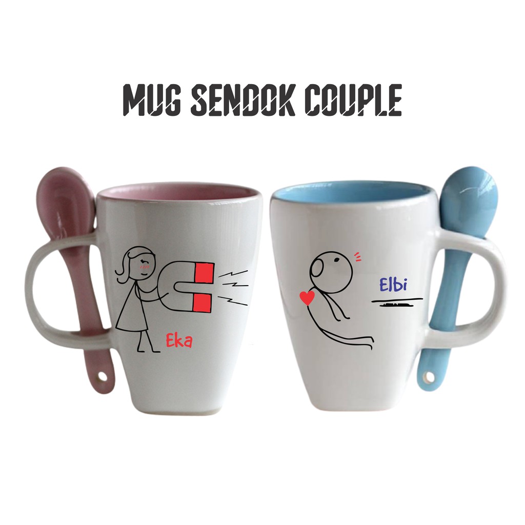 Jual Mug Couple Sendok Custom Desain Hadiah Wedding Anniversary Ultah Kado Unik Desain