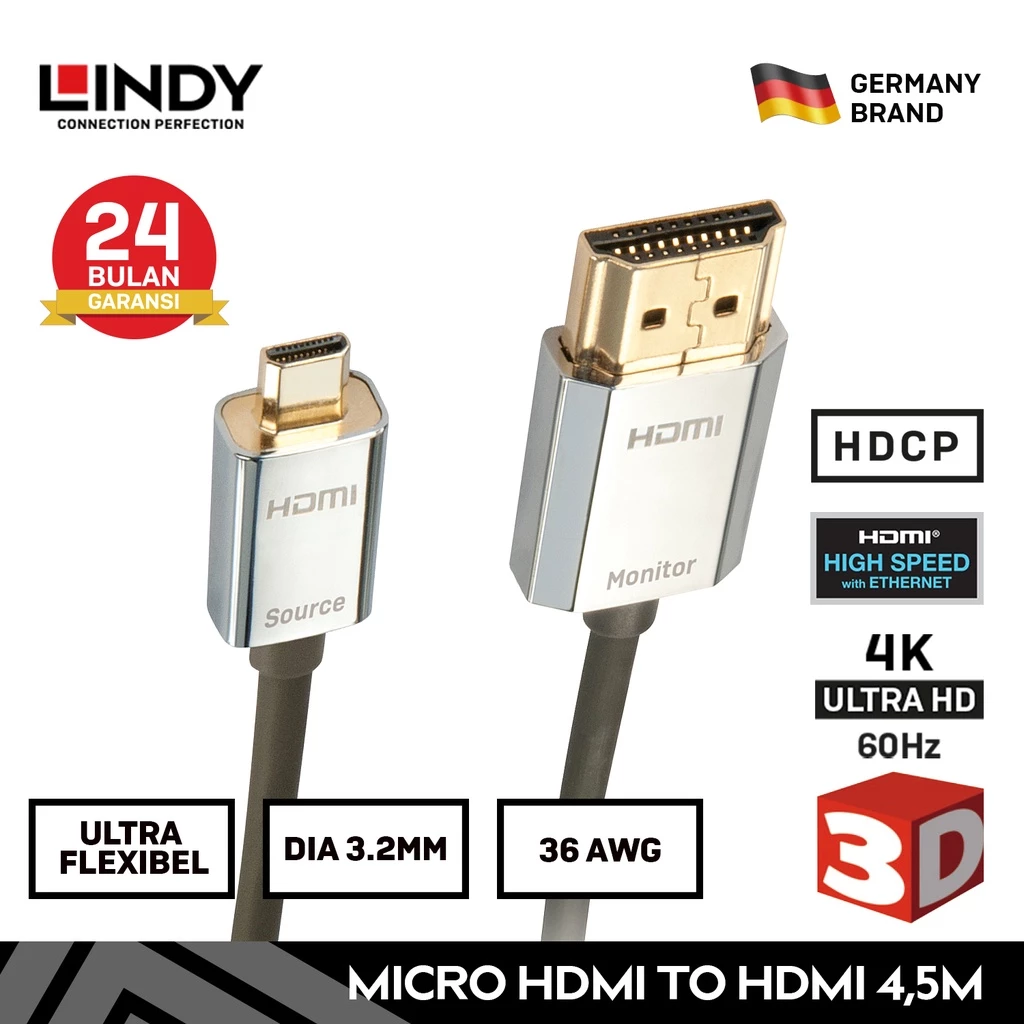 Kabel Micro HDMI Type D LINDY 4.5M Cromo Ultra Slim Micro HDMI 2.0 to HDMI 18Gbps 4K HDR Dolby Vision HDR10+ HDR10 HDCP