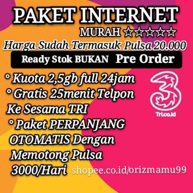 Jual Kartu Perdana Paket TRI 2.5gb Full 24jam 3000/hari | Shopee Indonesia