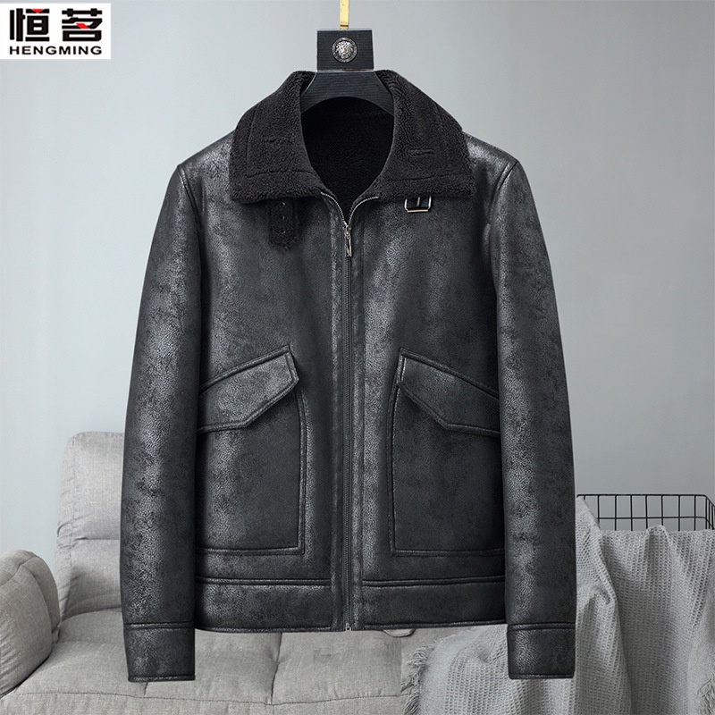 Jaket Kulit Pria 2021 new winter leather clothes men's Plush thickened  granular plush fur men's jacket middle-aged men's coat