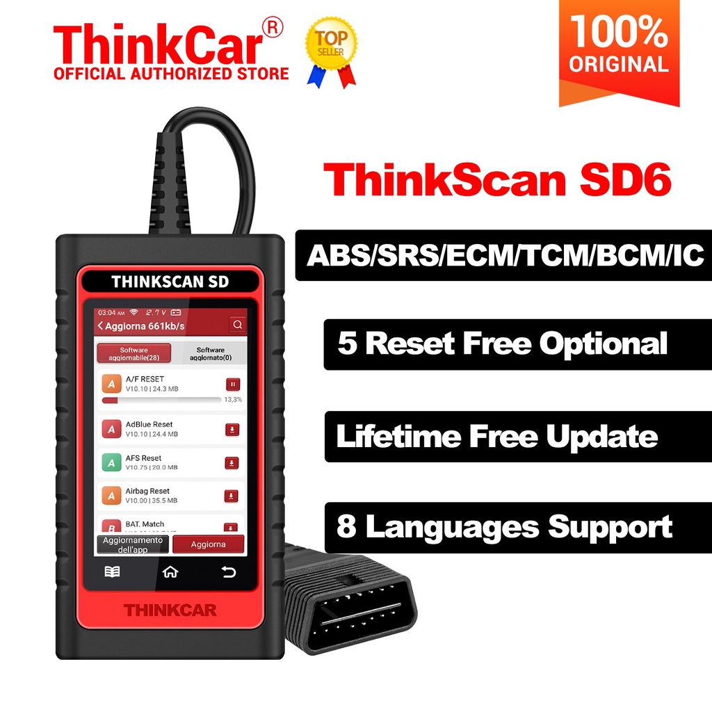 ThinkCar ThinkScan SD6 OBD2 Scanner Engine ABS SRS ECM TCM BCM IC Auto  Diagnostic Tool with 28 Reset Function ( 5 reset Function Free optional )  Lifetime Free Update + 8 Langauge Support OBDII Code Reader Scanner