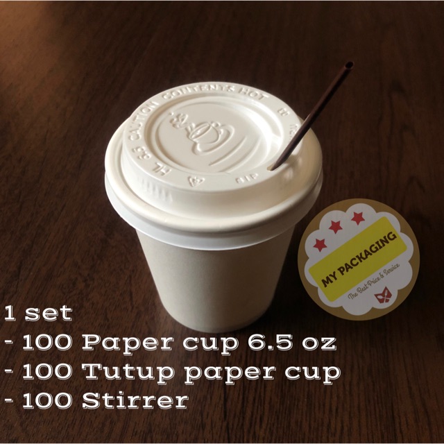 Jual 1 SET@100 pcs : Paper Cup 6,5 oz + Tutup + Stirrer ( gelas kopi ...