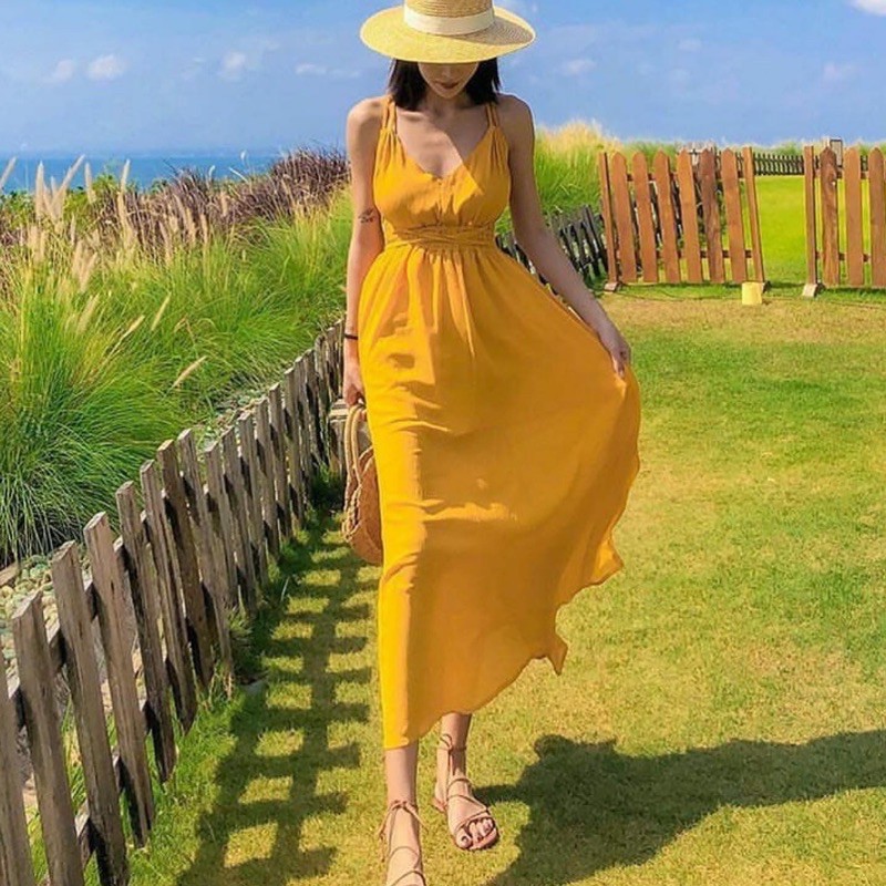 Jual dress backless model tali warna kuning bahan chiffon CODE TG49-797 ...