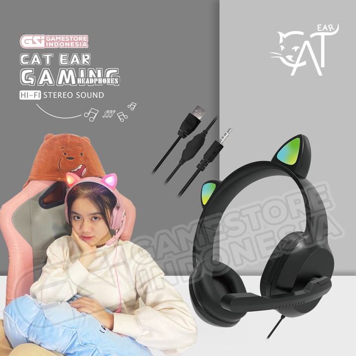 Jual GSI Headset Gaming Kucing LED Imut Telinga Kucing + Microphone Pakai Kabel Shopee Indonesia