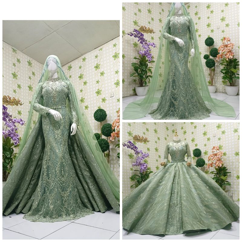 Jual Gaun pengantin model 3 in 1 sudah full payet warna hijau sage