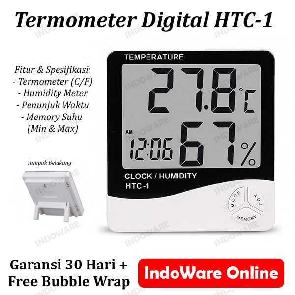 Jual HTC1 Hygrometer Termometer Ruangan Digital Jam Thermometer Indoor