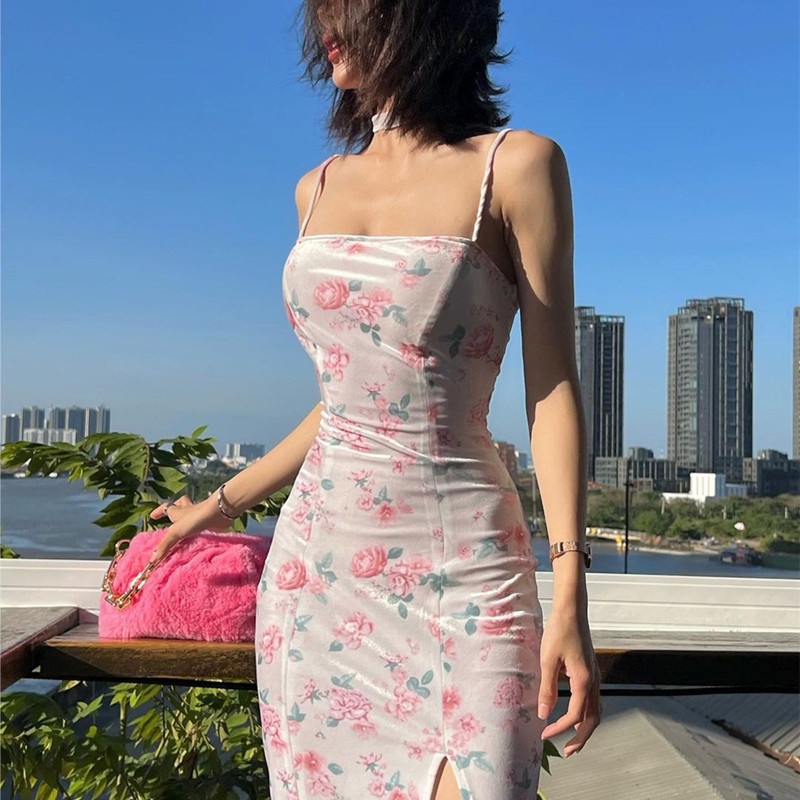 Jual Vintage Pink Floral Dress For Women 2022 Fashion Sexy Bodycon Long Dress With Slit Party