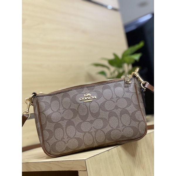 Jual Coach Top Handle Pouch in Signature Khaki Saddle Original 100