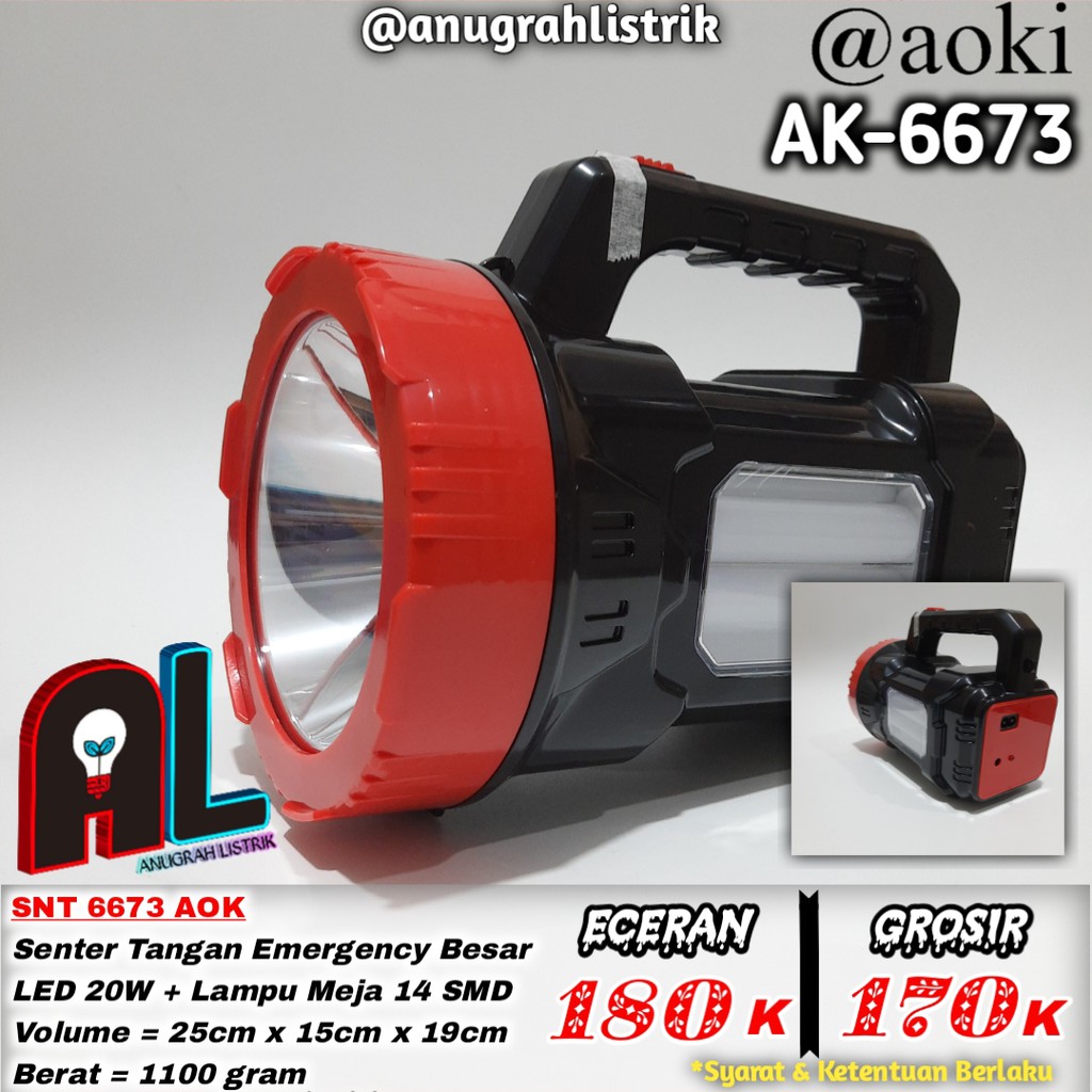 Jual AOKI Senter LED Jumbo Super Terang 20W + 2 Tube Lampu Samping AK ...