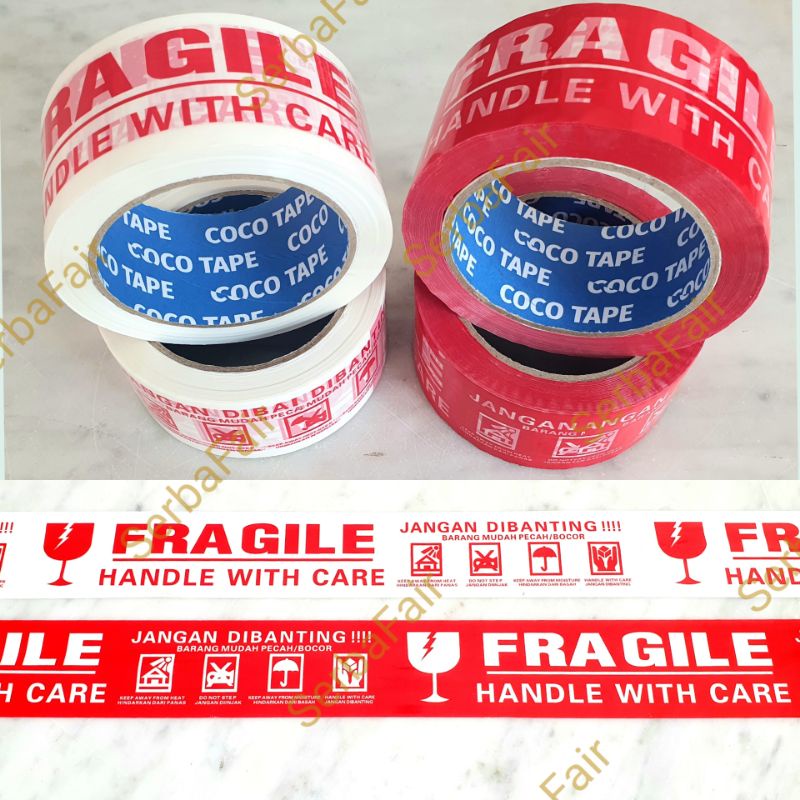 Jual Lakban Fragile Merah / Putih Coco 2Inch (48mm) 90Yards 2bahasa ...