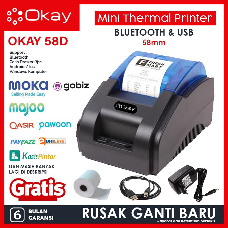 Jual Okay 58d Printer Bluetooth Kasir Ppob Pos Thermal 58mm Moka Pos Gobiz Gofood Shopee 9355