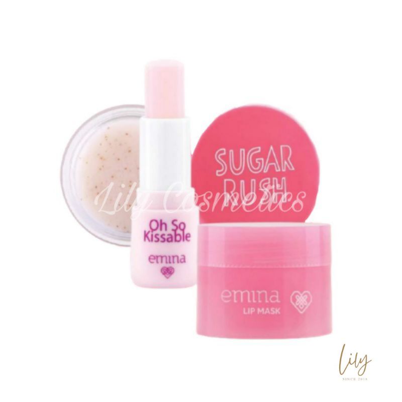 Jual Emina Paket Perawatan Bibir 3 in 1 Lip Mask Sugar Rush Lip Scrub Lip Balm Pink Bonbons