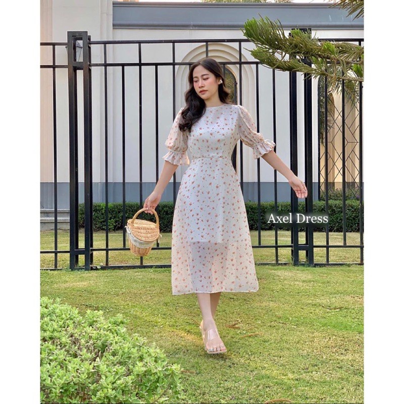 Jual Axel Dress Korean Summer Pantai Midi Vintage Floral Ribbon Poplin