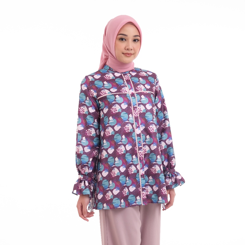 Zoya Atasan Muslim Motif Wanita Anira Blouse Purple Wudhu dan Busui Friendly