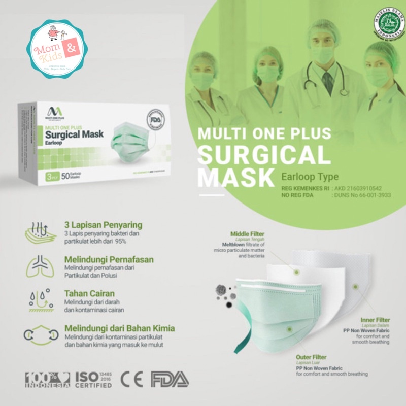Jual MASKER MEDIS EARLOOP MULTI ONE PLUS 3 PLY 50 PCS | MASKER MEDIS ...