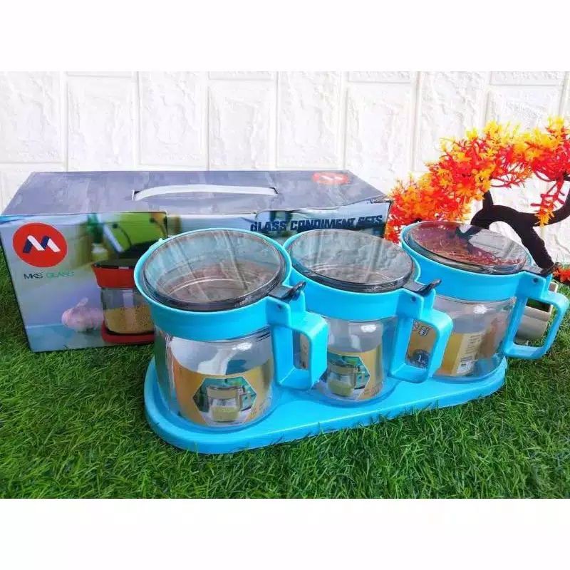 Jual [T-3] TEMPAT BUMBU DAPUR KACA SET 3/WADAH BUMBU DAPUR PLUS TATAKAN