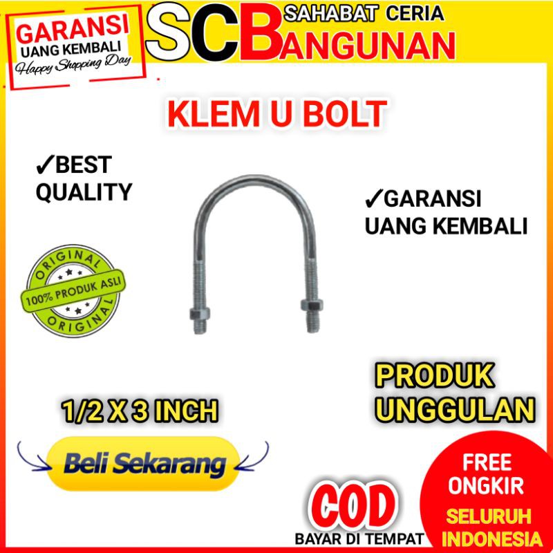 Jual Baut U bolt diameter 1/2 lebar 3 inch galvanis ubolt klem pengen