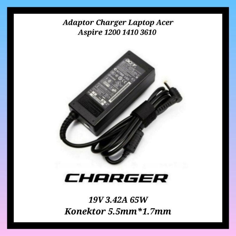 Vhbw Alimentatore 65W Per Notebook Acer Aspire 1200, 1410, 1642, 1681, 1690 E Molti Altri, 19V 3,42A, Nero