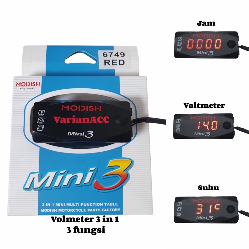 Jual Voltmeter Motor & mobil 3 In 1/ Volmeter Jam Digital Temperatur ...
