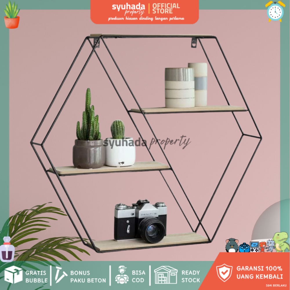 Jual Promo Termurah Rak Hiasan Dinding Hias Raka Hexagonal Vintage Minimalis Kayu Aesthetic