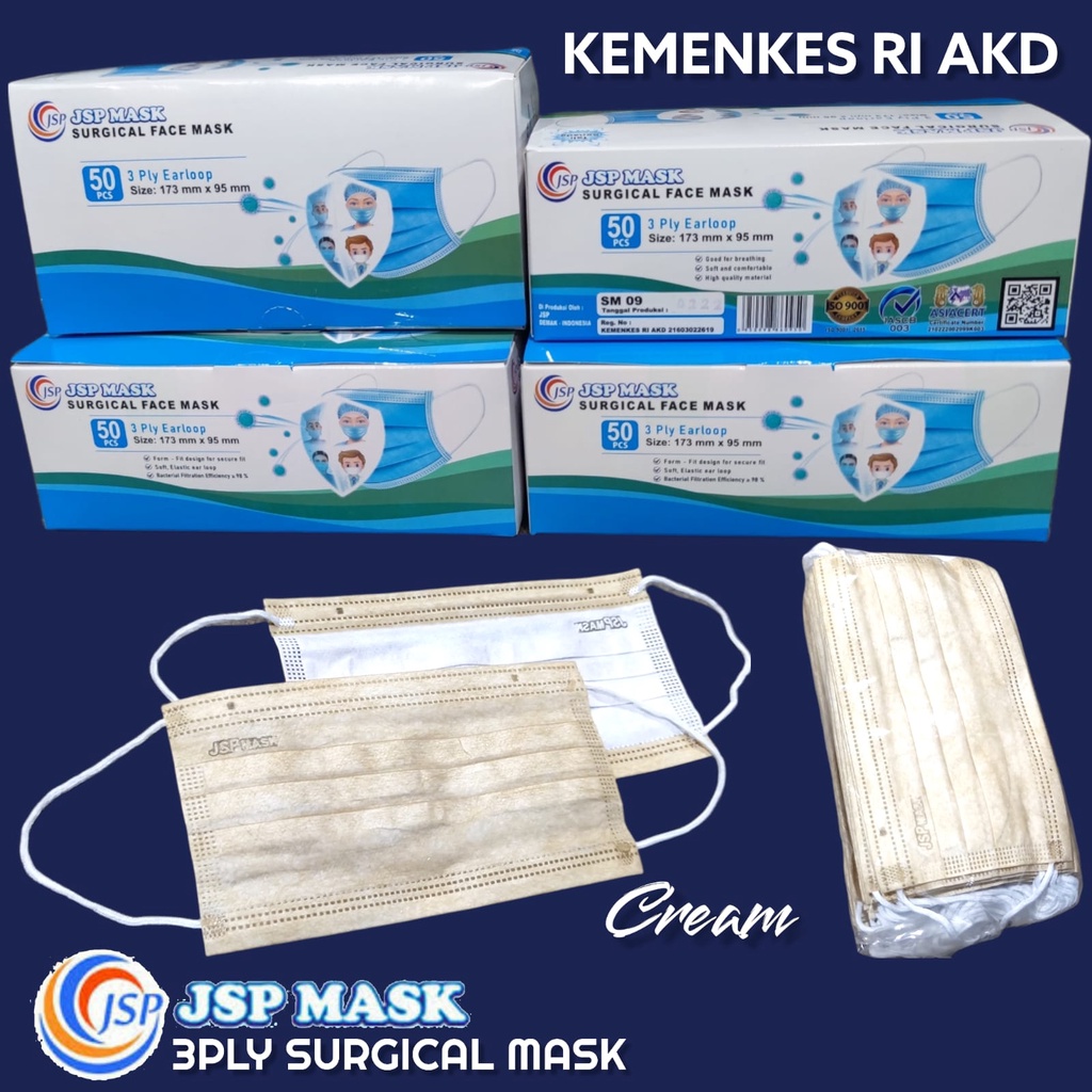 Jual MASKER MEDIS JSP 3 PLY SURGICAL MASK EARLOOP HIJAB ISI 50 PCS ...