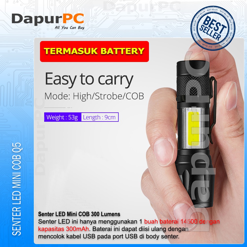 Jual Senter LED Ukuran Mini Q5 Dengan COB 300 Lumens Dapat Di Cas ...
