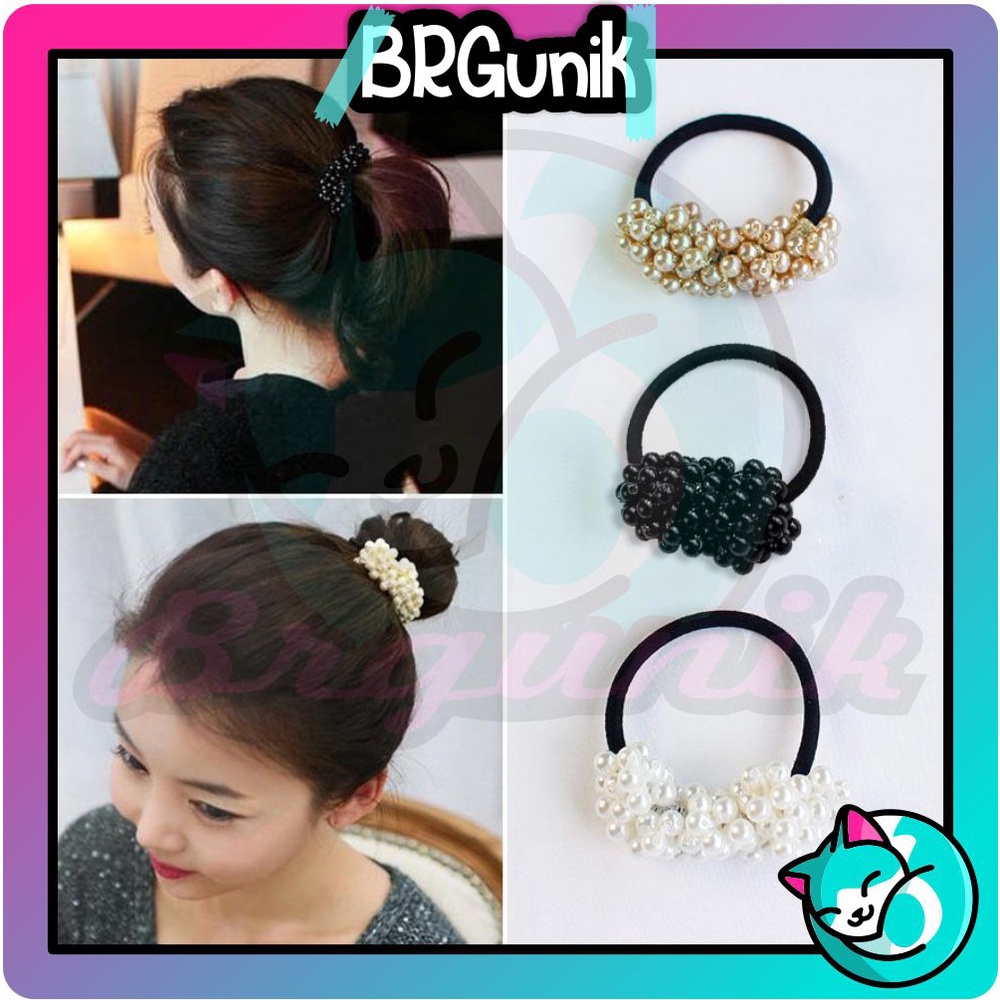 Jual BRGUNIK Ikat Rambut Jadul Scrunchie dengan Manik-Manik Mutiara ...