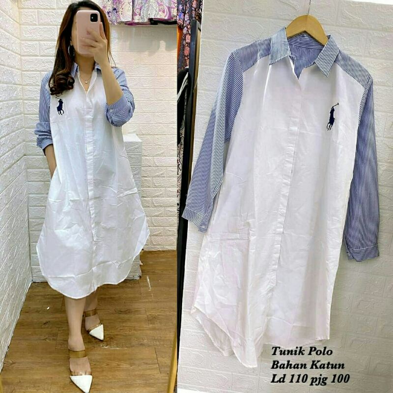 Jual Polo Tunik white putih garis biru atasan wanita Katun import murah  muslimah fashion modis daily wear | Shopee Indonesia