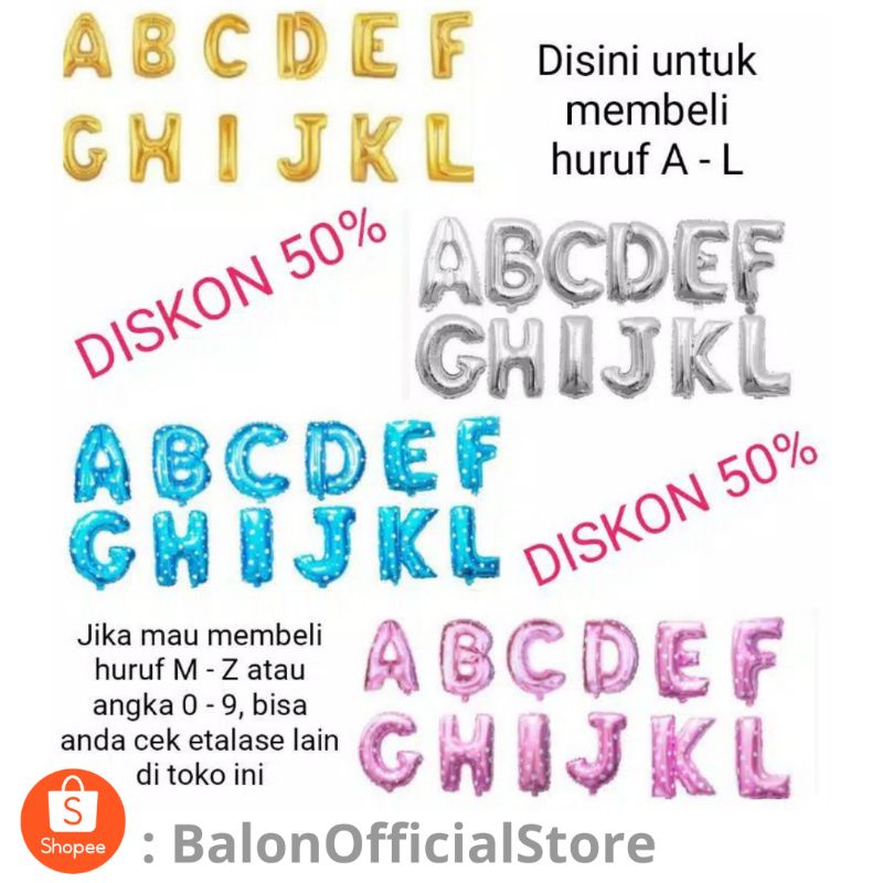 Jual GOLD Huruf Nya DOFF Balon Foil Huruf A - L Ukuran ± 40 Cm Warna ...