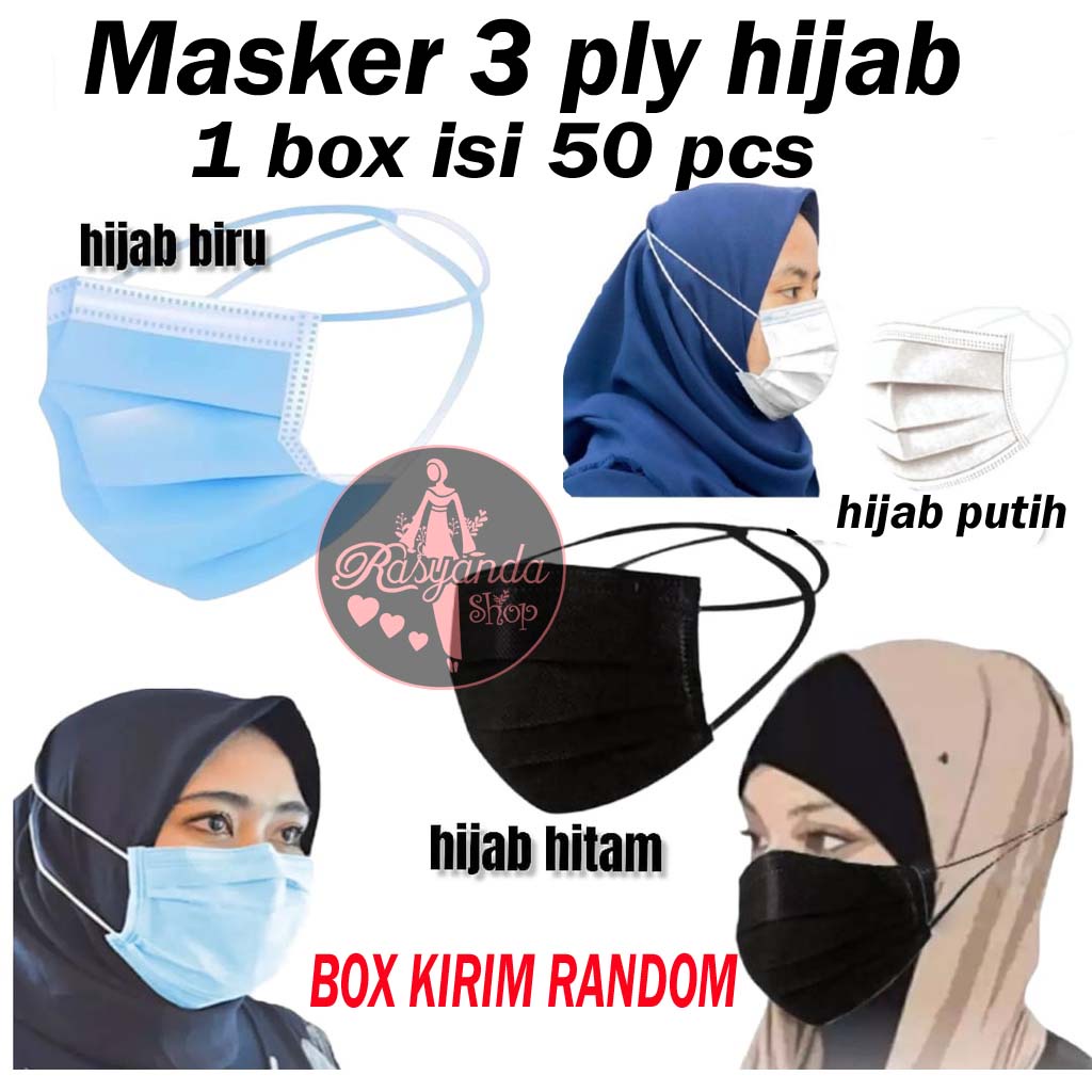 Jual Masker HIJAB Headloop 3 Ply Disposable Mask Warna Warni Hitam ...