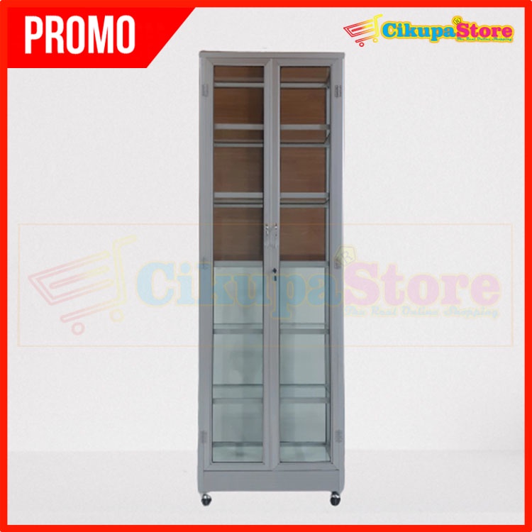 Jual Lemari Etalase Serbaguna 6 Susun Kaca Bening Roda Silver