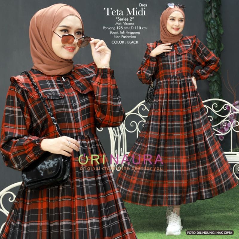 Jual Teta Midi Dress Gamis Kotak Kotak Terbaru Kekinian Import Flanel